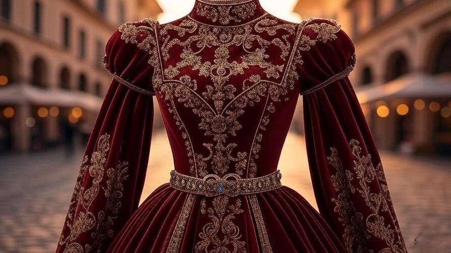 Close-up of Renaissance gown with velvet and embroidery from Romeo and Juliet 1968 costumes