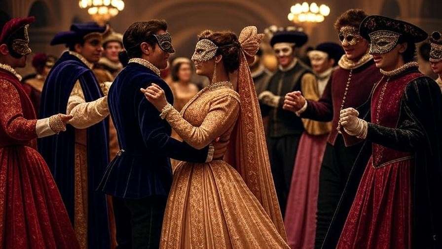 Masquerade ball scene with Romeo and Juliet 1968 costumes