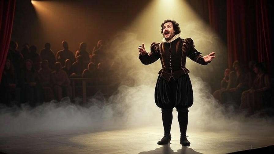 Dramatic Shakespearean stage scene illustrating storytelling pitch strategy for sales playbooks.