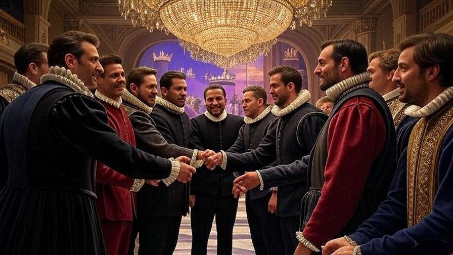 Banquet hall handshake representing corporate sponsorship strategies for Shakespearean events in sales playbooks.