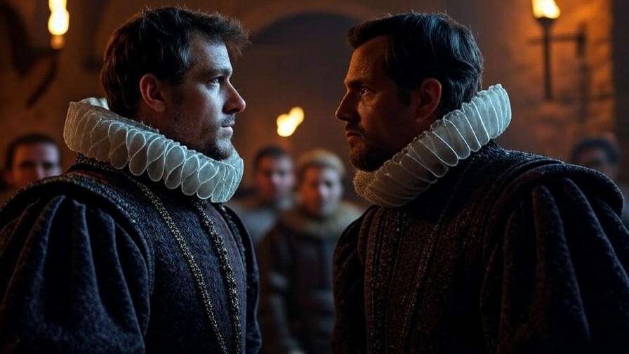Elizabethan figures in a tense confrontation, noble attire with ruffled collar, castle interior, no text, SEO-friendly.