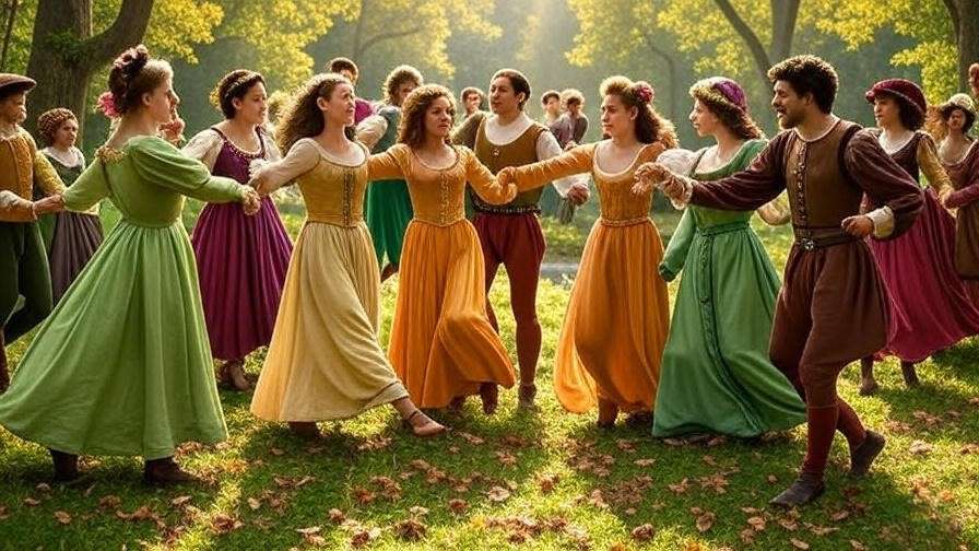 Joyful Elizabethan dance in a lush forest, colorful costumes, soft sunlight, no text, SEO-friendly.