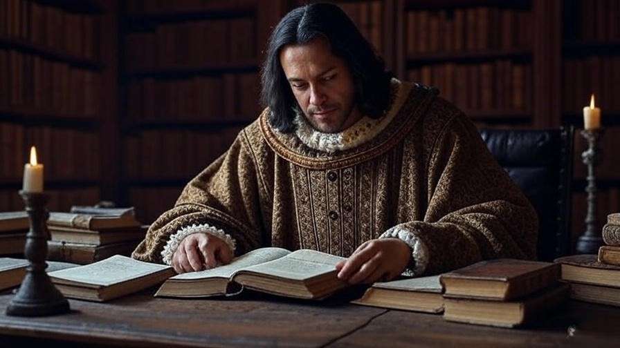 Scholar in Elizabethan robes reading at a desk, ancient manuscripts, warm library, no text, SEO-friendly.
