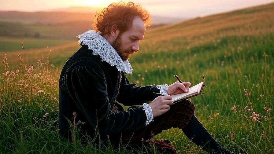 Elizabethan poet writing at sunset, rolling hills, leather journal, no text, SEO-friendly