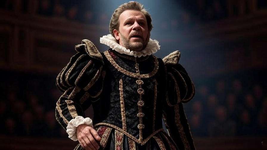 Actor in Elizabethan attire on stage, passionate monologue, spotlight, audience, no text, SEO-friendly.