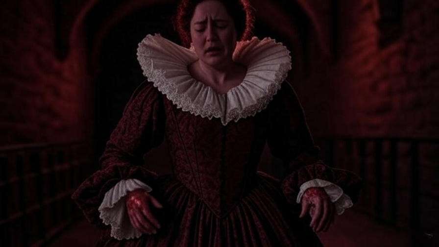 A distressed woman in Elizabethan attire sleepwalking with blood-stained hands in a shadowy castle, symbolizing grief and guilt in Macbeth.