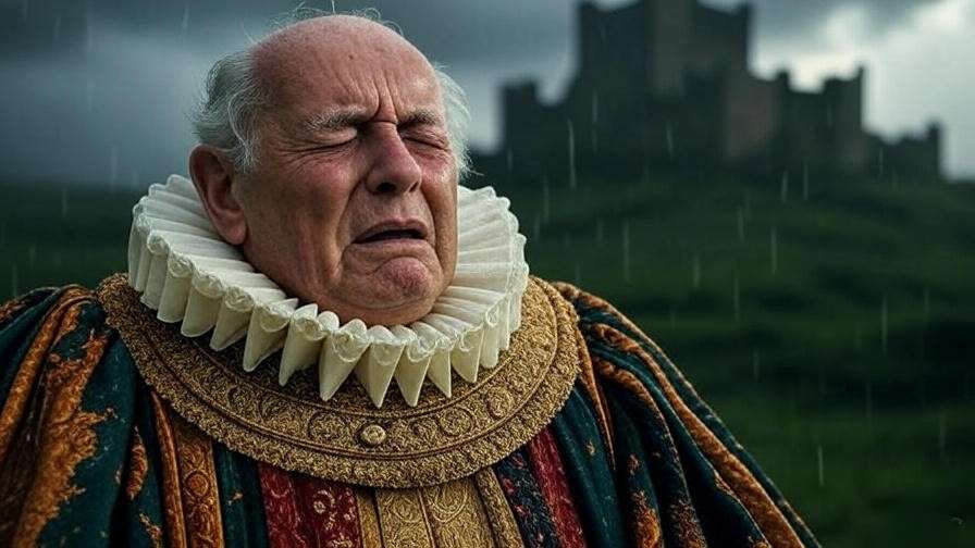 An elderly king in Elizabethan robes standing in a stormy rain with a pained expression, symbolizing grief and betrayal in King Lear.