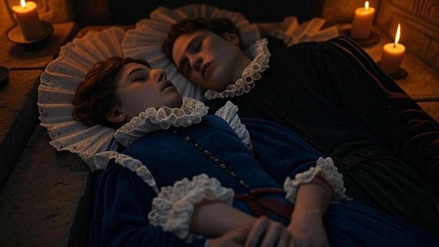Two lifeless young lovers in Elizabethan attire in a dimly lit tomb with candles, representing grief in Romeo and Juliet