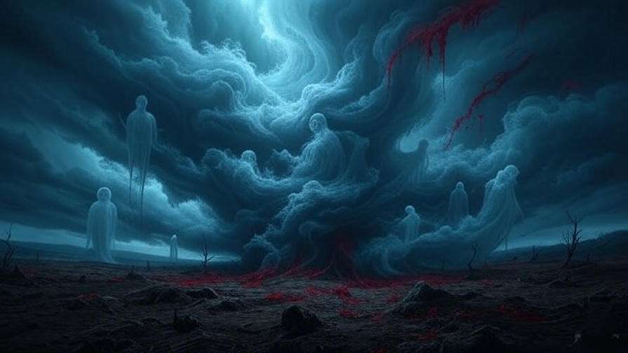Abstract image of swirling storm clouds, ghostly figures, and blood-red streaks, symbolizing grief themes in Shakespeare’s works.