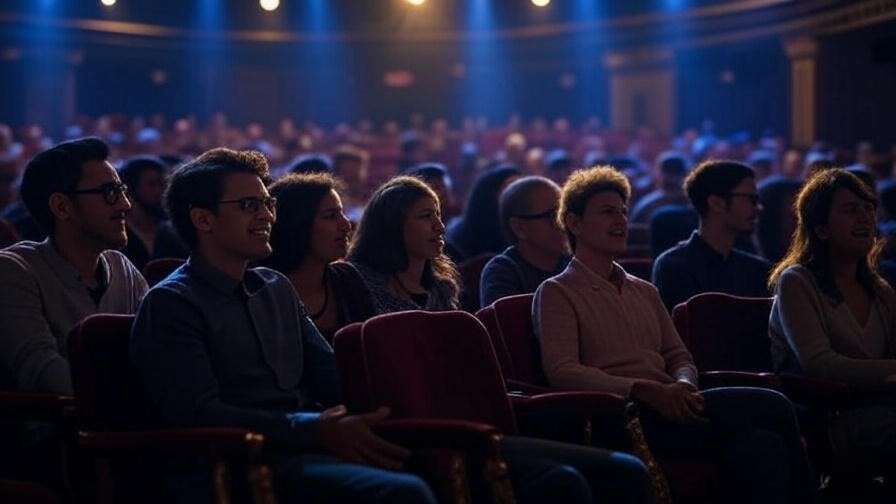 A diverse audience in a theater watching a performance under soft stage lights, symbolizing emotional catharsis in Shakespeare’s plays.