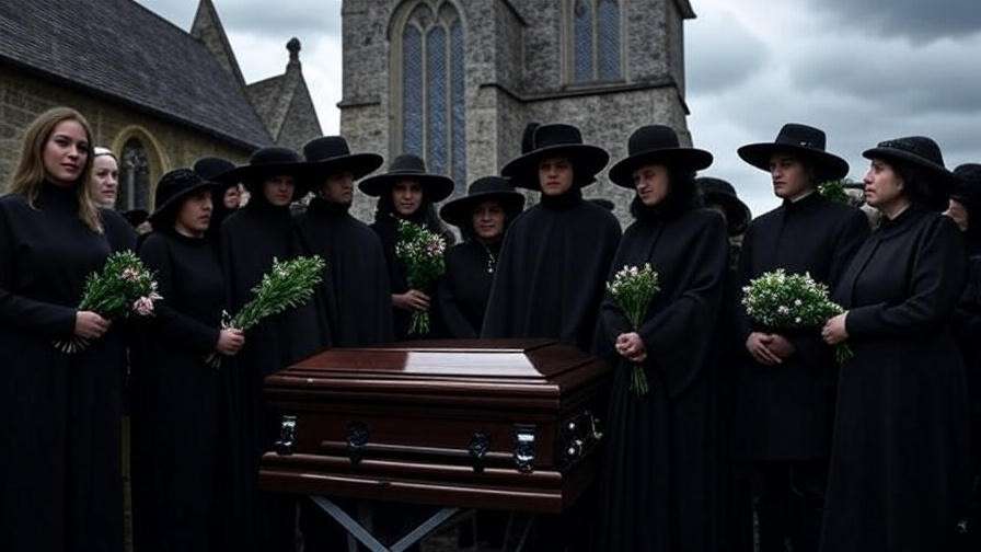 Historical Elizabethan funeral with mourners in black attire and a church, reflecting grief and mourning customs
