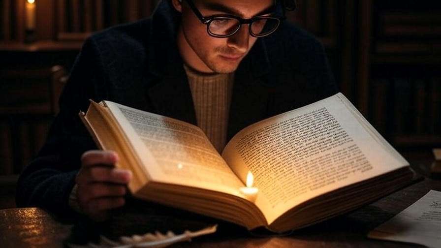 A person reading a Shakespeare book by candlelight with a quill and parchment, symbolizing engagement with his plays.