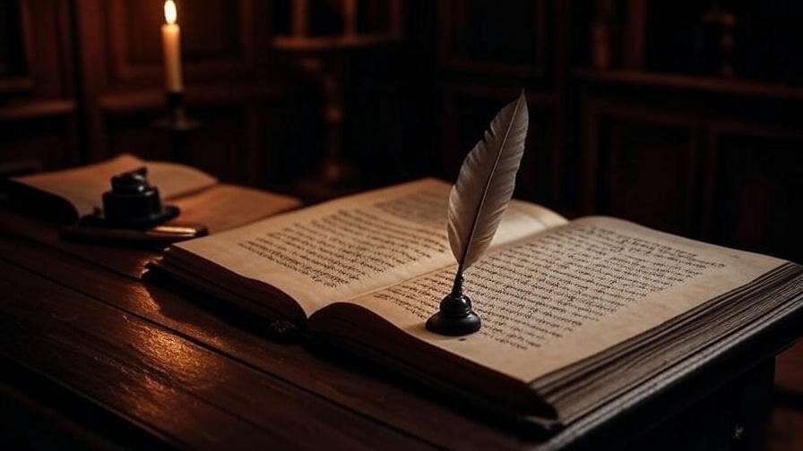 Moody Elizabethan study with manuscript and quill pen for Shakespeare's sad short poems