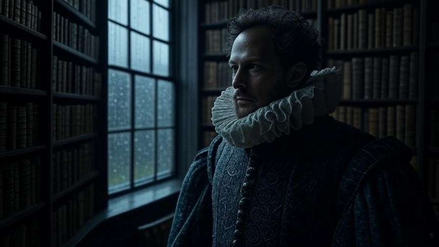 Lone figure in Elizabethan attire by window symbolizing Sonnet 29 sadness