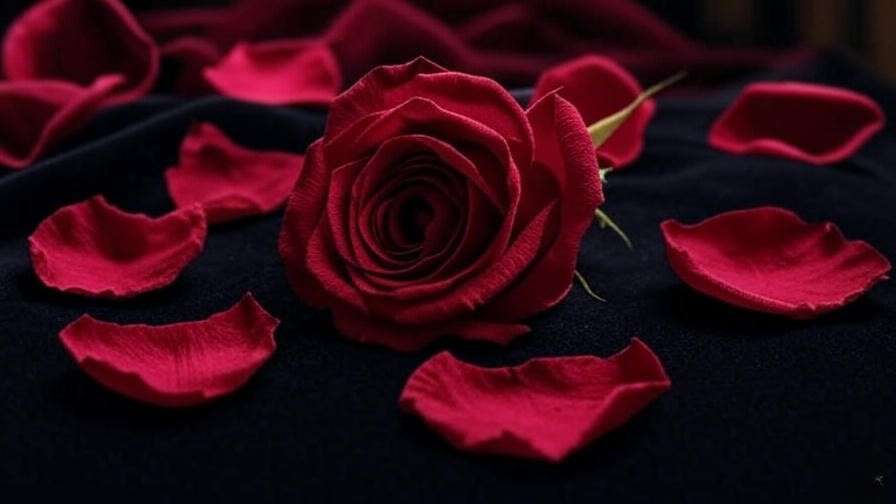Wilted rose and petals on velvet for Shakespeare's sad love poems