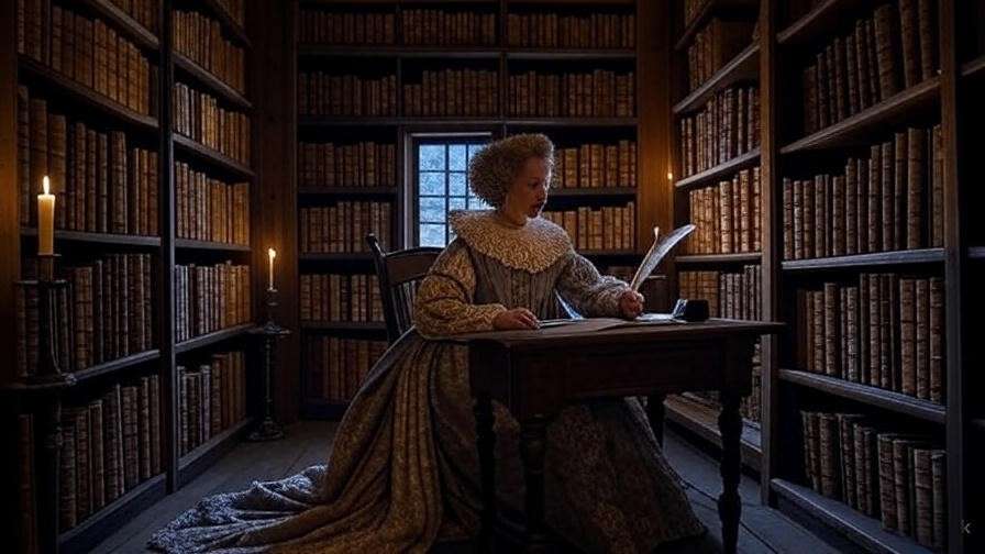 Ancient library with ghostly figure writing for Shakespeare's poetry context
