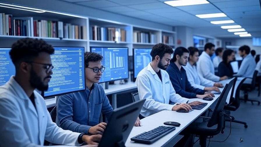 Researchers in a digital lab analyzing Shakespeare texts with data visualizations