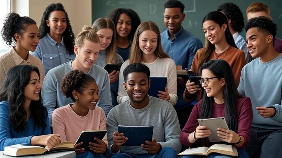 Students and educators in a classroom with Shakespeare books and math patterns