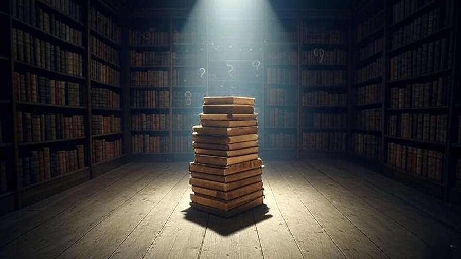 Spotlight on Shakespeare folios with faint question marks in a library