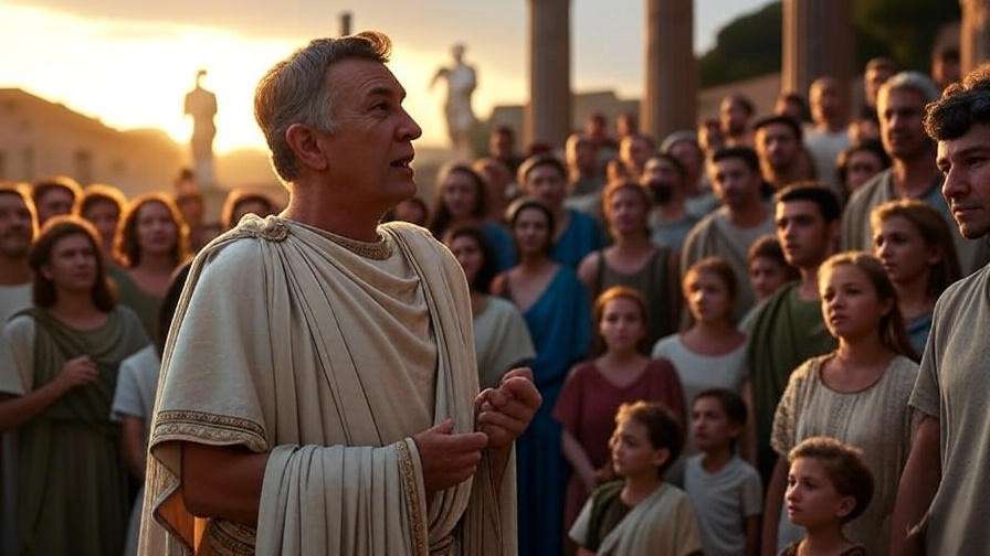 Dramatic Roman orator in toga addressing crowd at sunset, ancient forum background, Shakespeare-inspired farewell speech.