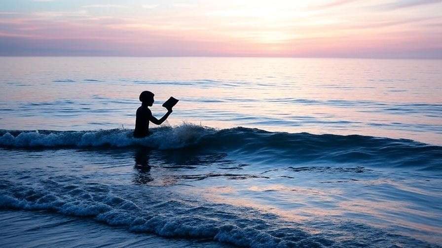 Silhouette releasing book into ocean waves, Shakespeare Tempest farewell speech inspiration.