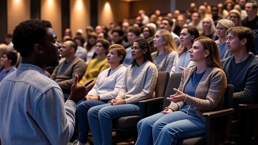 Diverse audience listening to speaker with theatrical gestures, farewell speech engagement.