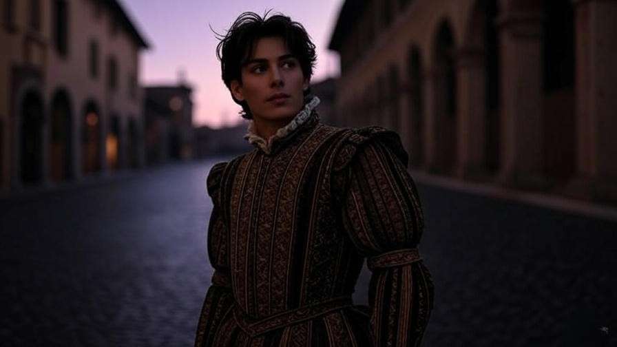 Young Romeo in Elizabethan attire on a Verona street at dusk, reflecting Shakespeare’s star-crossed lover theme.