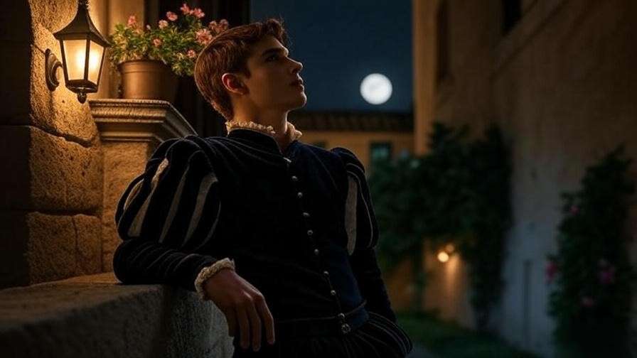 Romeo gazing at Juliet’s balcony under moonlight, symbolizing passionate love in Shakespeare’s Romeo and Juliet