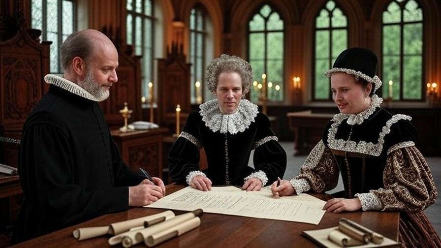 Historical Elizabethan marriage contract signing in a grand hall with priest and nobles