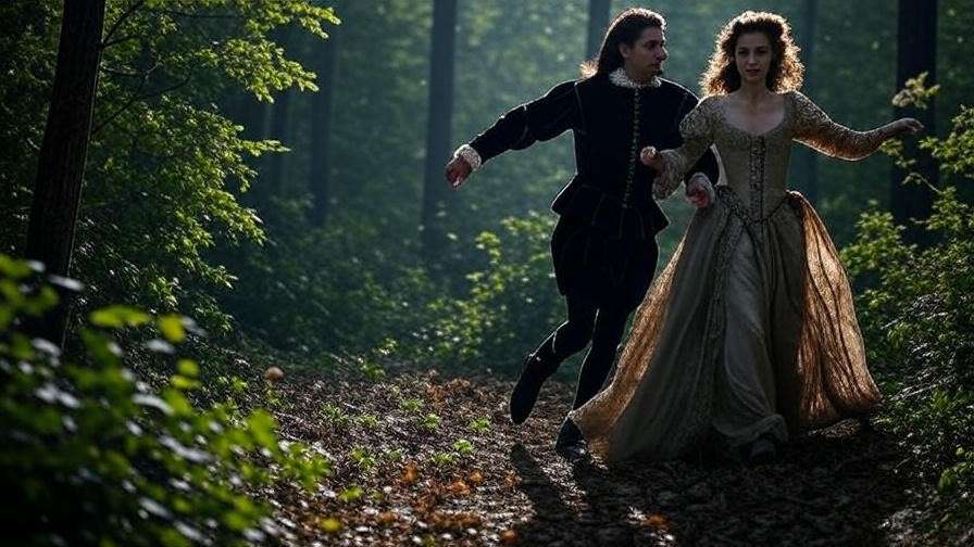 Elizabethan lovers fleeing through a moonlit forest, symbolizing secret marriage tensions.