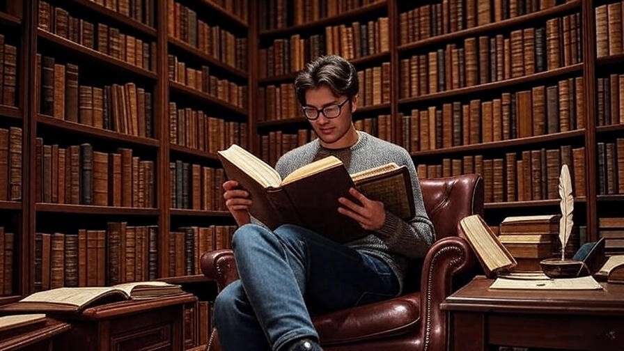 Modern scholar reading vintage book with Shakespearean manuscripts in a library.