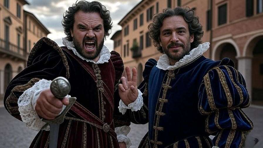 Dramatic contrast between Tybalt and Benvolio in Renaissance Verona street scene
