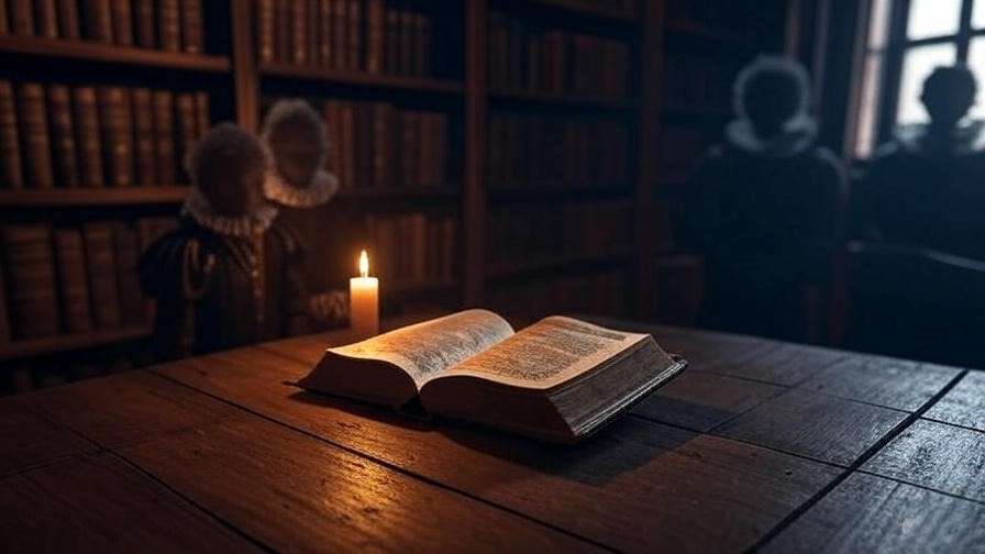 Candlelit scene with an open Shakespeare book and ethereal nephew shadows