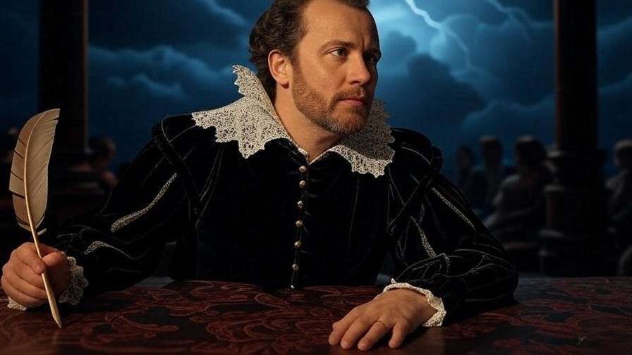 Actor in Shakespearean costume on stage with stormy sky backdrop
