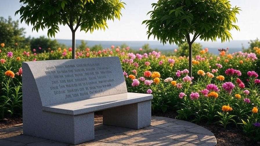 Memorial garden with stone bench and young tree