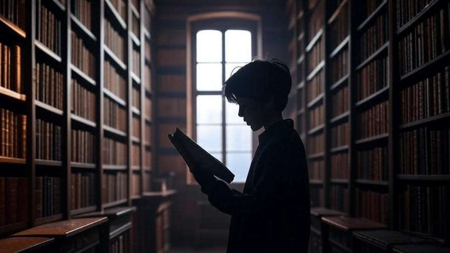 Silhouette of young figure reading in a historical library
