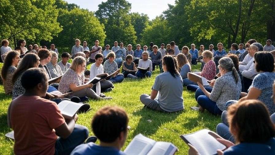 Community gathering in park reading poetry aloud