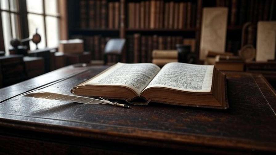 Scholarly desk with Shakespeare manuscript and quill