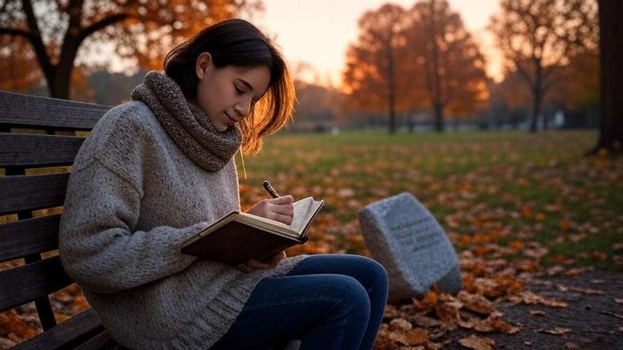 Person writing in journal near memorial stone with autumn leaves
