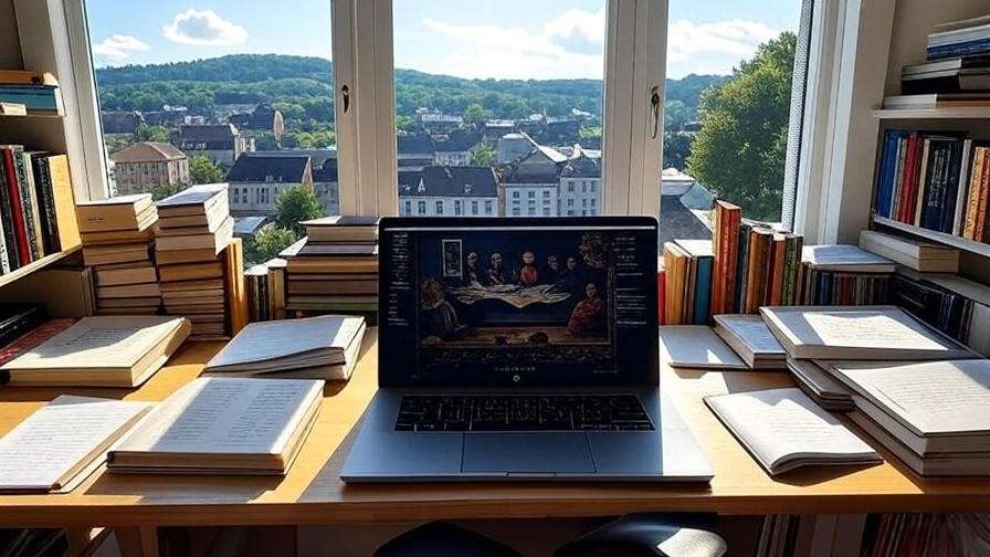 Virtual Shakespeare study setup in Carmel Hamlet home