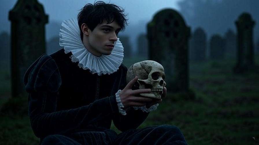 Hamlet holding a skull in a misty graveyard, symbolizing mortality in Shakespeare's tragedy.
