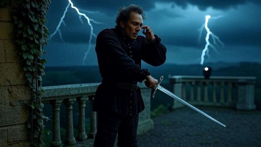 Hamlet with a sword on a castle balcony, depicting his revenge struggle in Shakespeare's play
