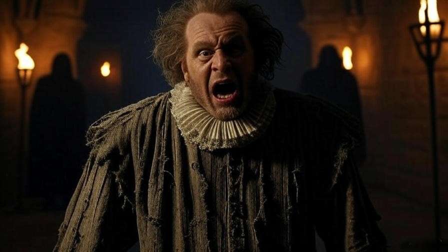 Hamlet in a dimly lit castle hall, portraying his feigned madness in Shakespeare's Hamlet.