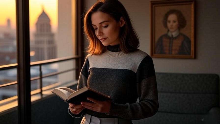 Modern individual reading Hamlet on a balcony, connecting Shakespeare's quotes to today
