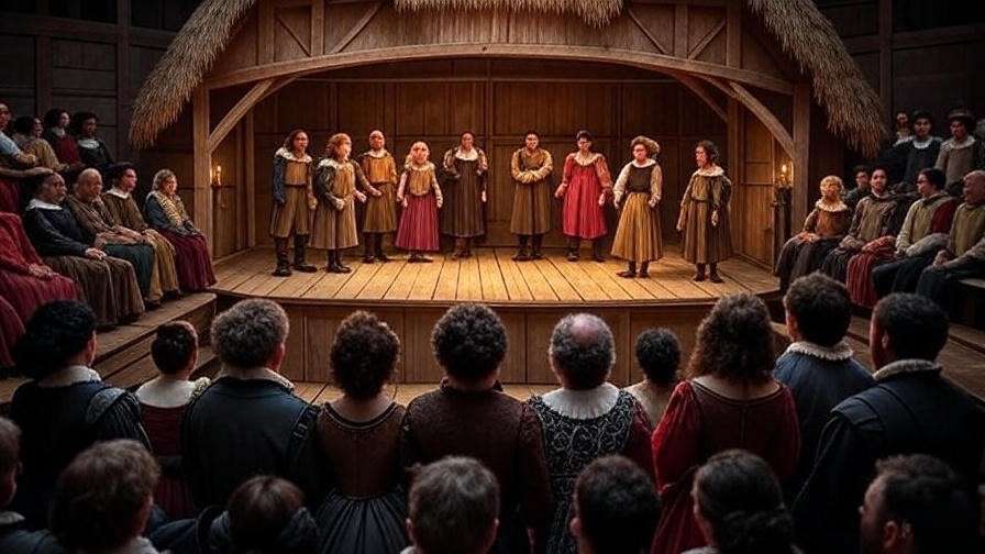 Elizabethan theater with audience, reflecting the historical context of Hamlet performances