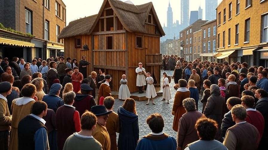 Elizabethan theater in Whitechapel Tower Hamlets with crowd in period costumes, showcasing Shakespeare’s era