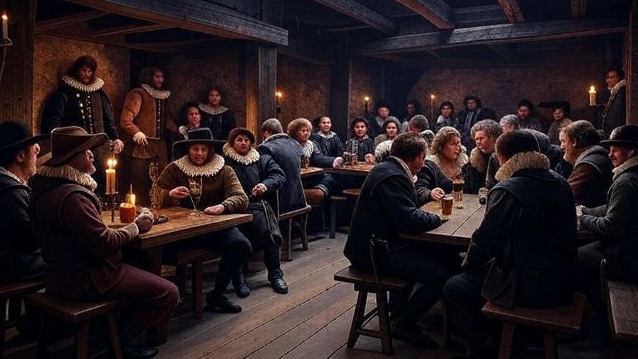 Elizabethan tavern interior in Whitechapel Tower Hamlets with patrons in period clothing