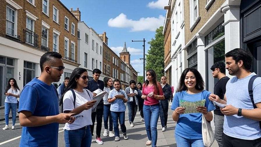 Modern Whitechapel Road with historical markers and tourists in Tower Hamlets.