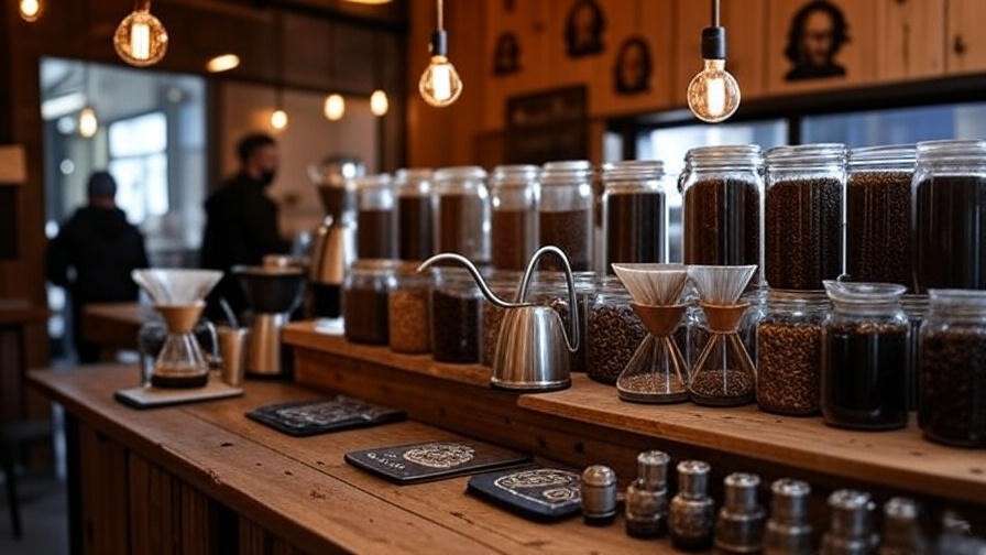 Artisanal coffee blends displayed on a rustic counter with brewing equipment in a cozy Hamlet Coffee Company shop