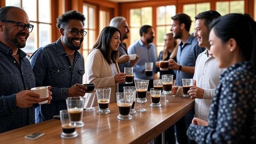 Lively coffee tasting event with people enjoying Hamlet Coffee Company brews at a wooden table.